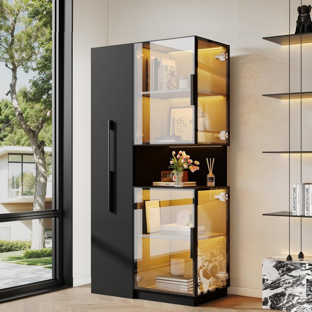 Magnifique vitrine marron design moderne avec plateau en verre trempe