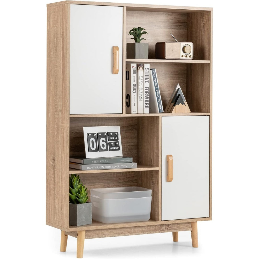 Bibliotheque etagere gris clair 4 etageres reglables, bois massif et esprit fermier