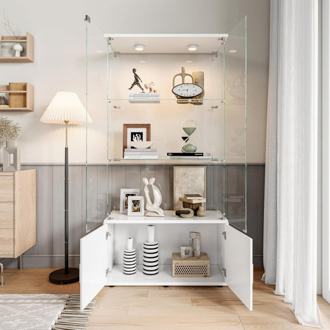 Vitrine gris clair, contemporain, espace organise