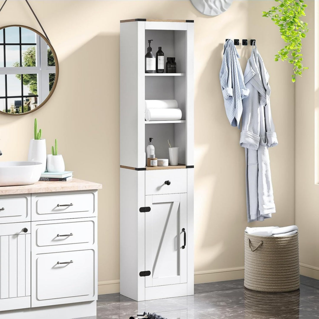 Meuble colonne gris clair 3 etageres, finition rustique bois ingenierie pour salon