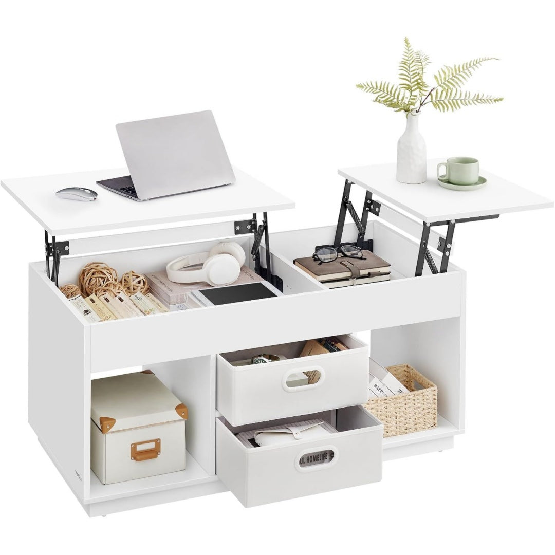 Gris clair table basse avec rangement, 2 tiroirs, plateau relevable