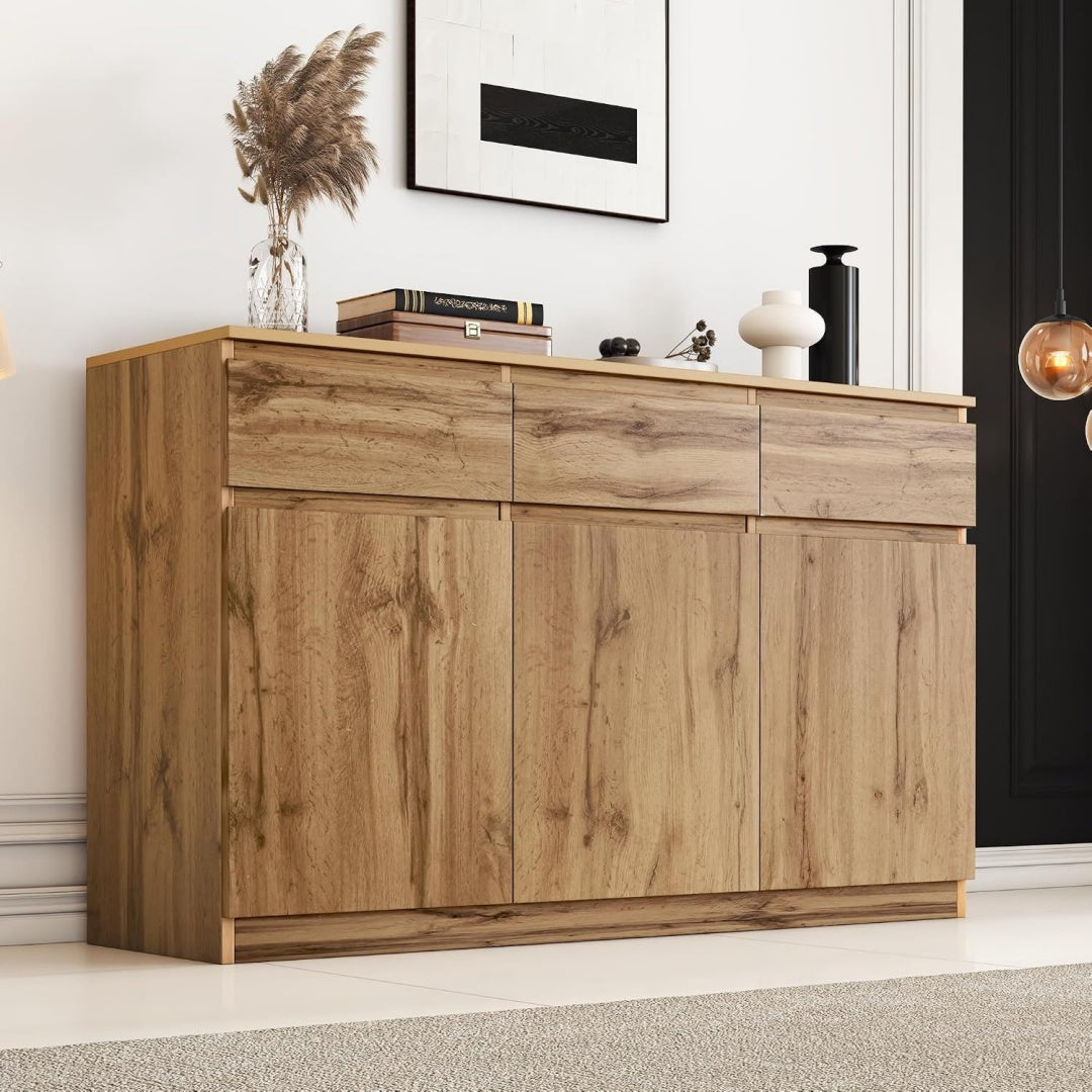 Rangement buffet, marron avec trois tiroirs, trois portes, etageres reglables