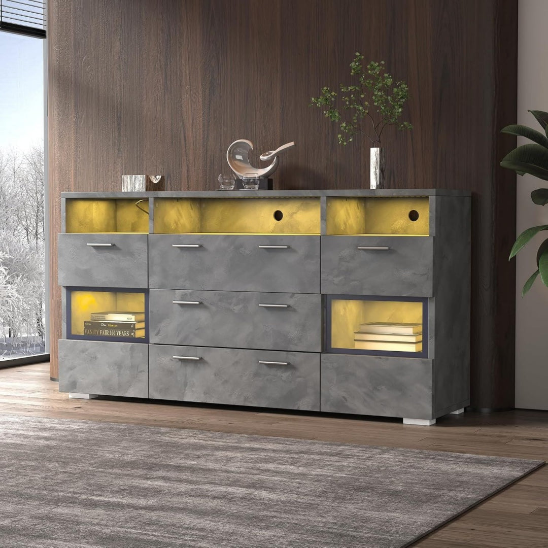 Buffet gris fonce avec eclairage LED, a 2 portes 3 tiroirs