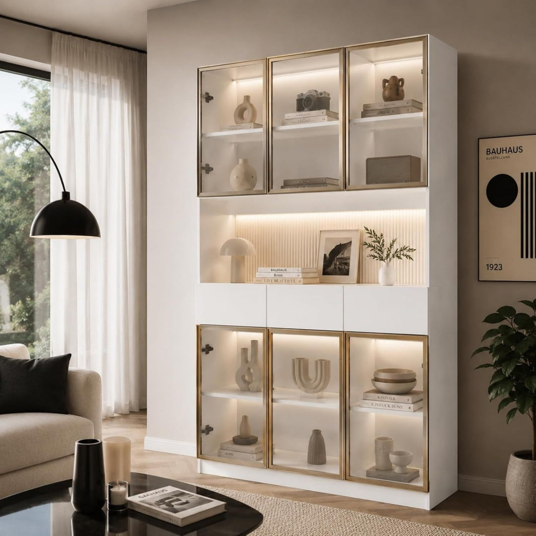 Vitrine creme, trois tiroirs, assemblage facile
